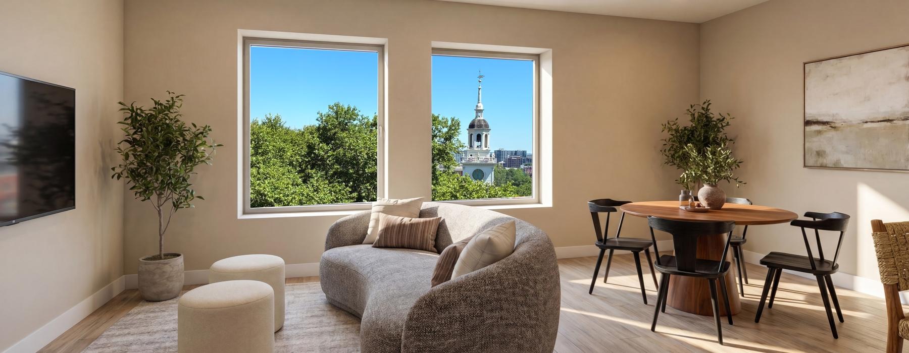 a living room with a large window